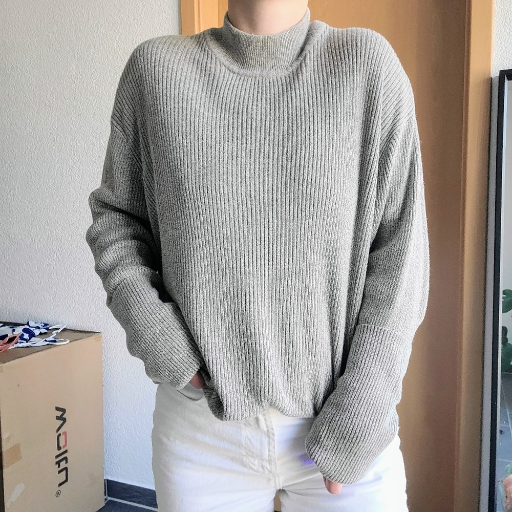 Perry Ellis Oatmeal Ribbed Knit Silk/Cotton Long Sleeve Mock Neck Sweater - XL - Picture 4 of 16